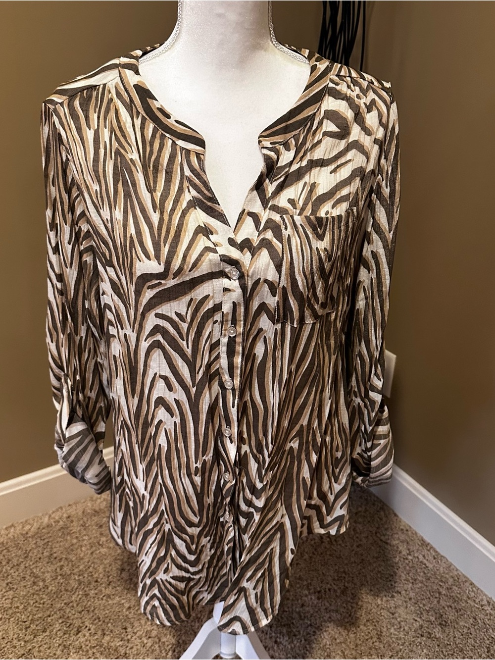 Zac & Rachel Brown and Cream Zebra-Print Button-Front Shirt